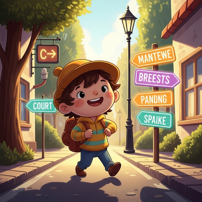 A cartoon child walking confidently past glowing signs pointing the way, sunny street, big content smile.