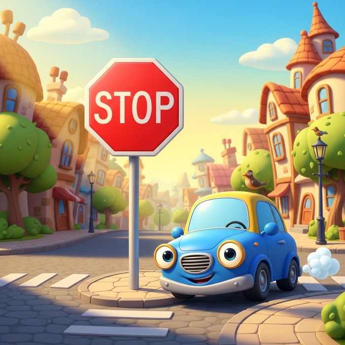 A bright red octagon-shaped stop sign glowing on a sunny street corner, a cartoon car stopping beside it.