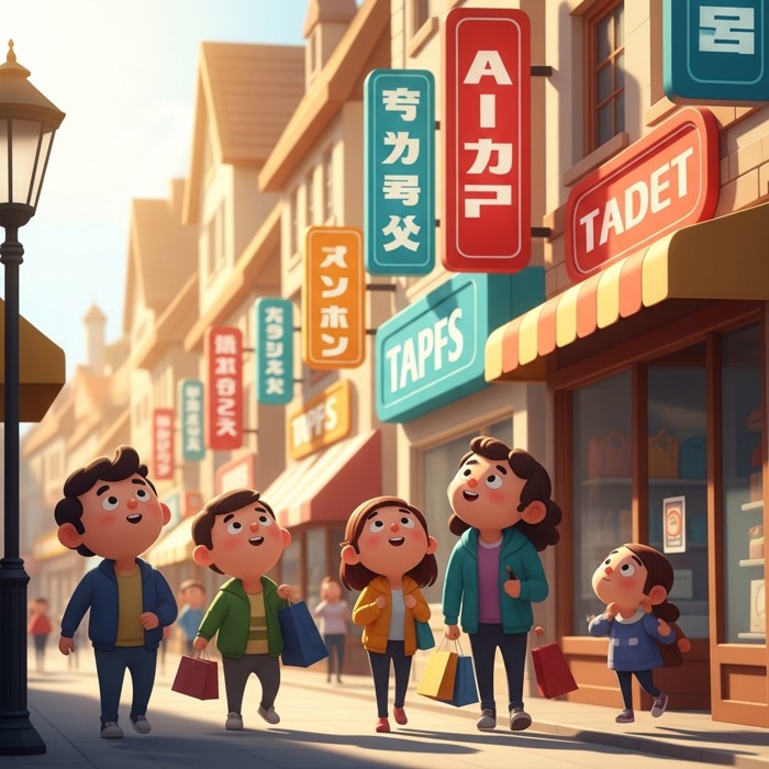 A row of colorful cartoon store signs with big bold letters, sunny shopping street, people walking by and looking up.