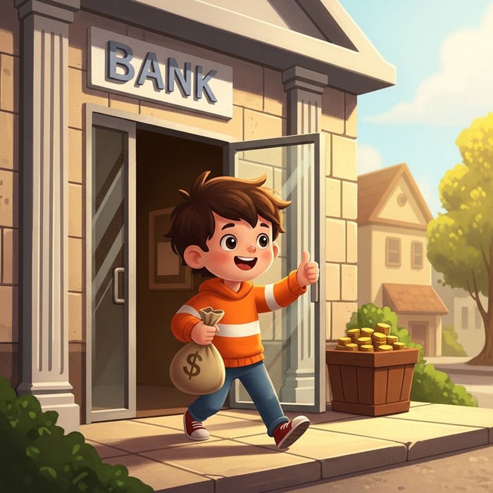A happy cartoon child walking out of a bank holding a small bag of coins, giving a thumbs up, sunny day.