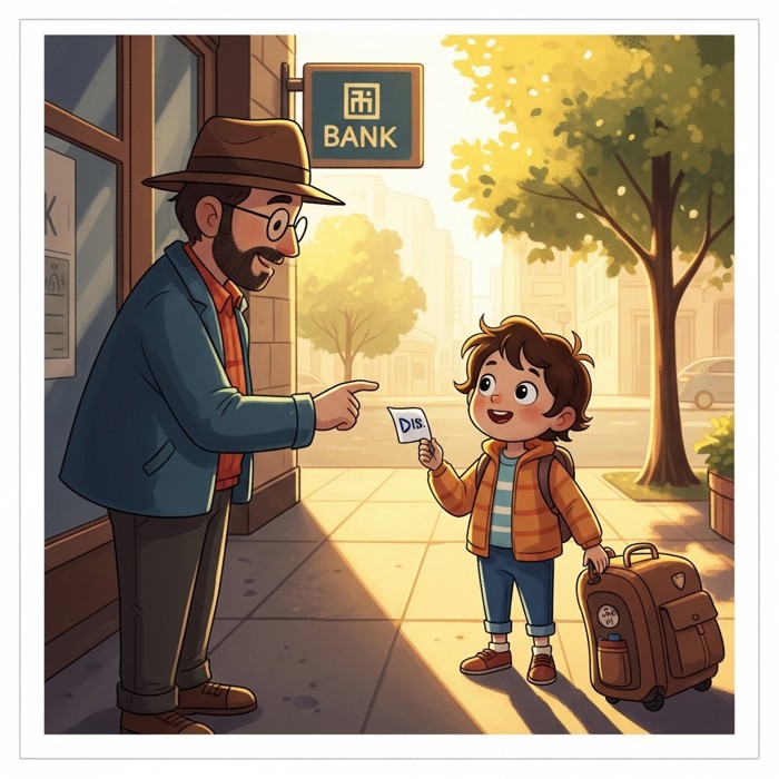 A cartoon child asking a friendly local for directions, both standing on a sunny sidewalk near a bank sign in the distance.
