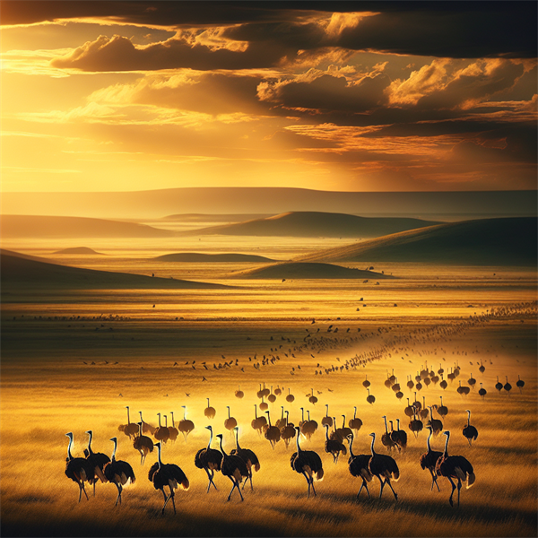 A herd of ostriches walking together across a plain.