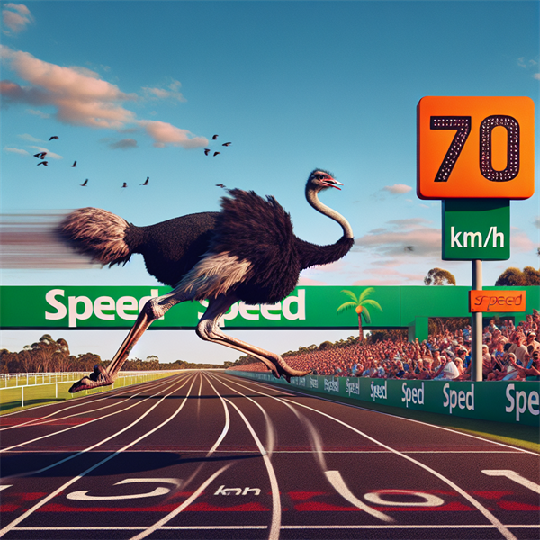 An ostrich running on a race track with a speed sign showing 70 km/h.