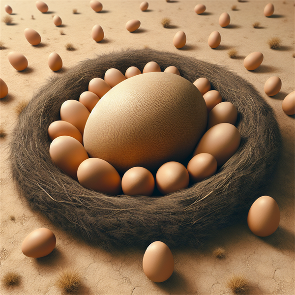 A large ostrich egg in a nest surrounded by 24 chicken eggs.
