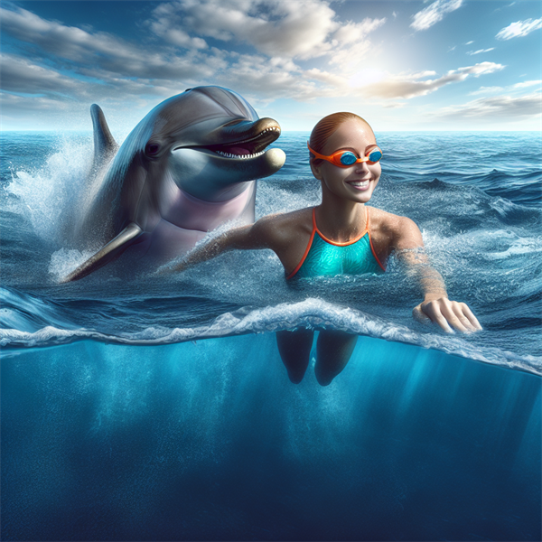 A dolphin helping a swimmer in the ocean.