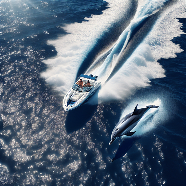 A dolphin racing a speedboat in the ocean.