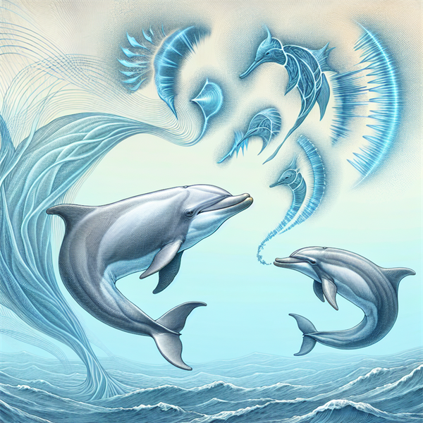 Two dolphins making sounds, with sound waves illustrated around them.