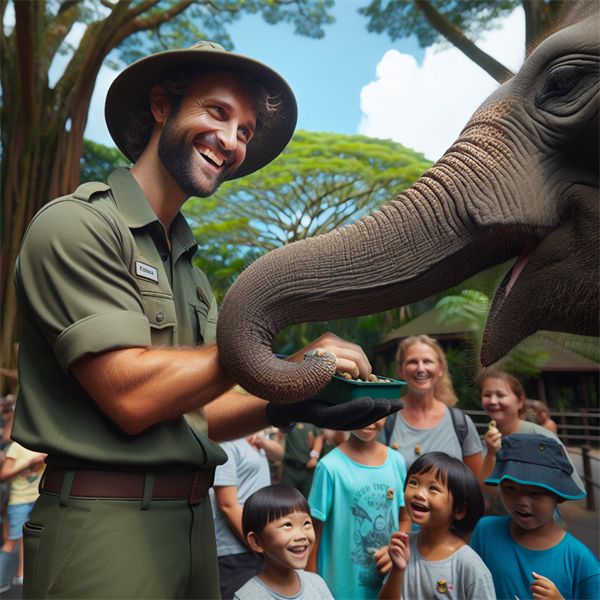 A friendly zookeeper feeding an elephant.