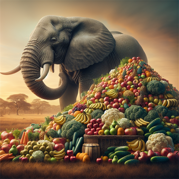 An elephant surrounded by a huge pile of fruits and vegetables.