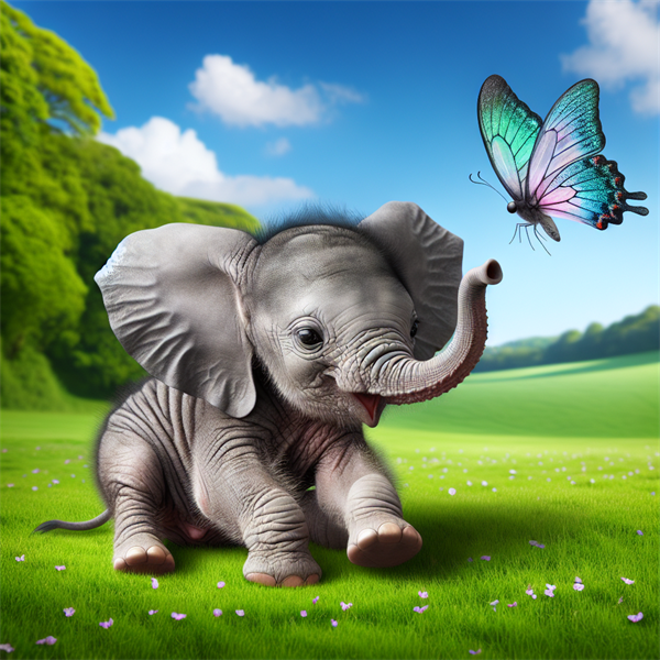 A baby elephant playing with a butterfly.