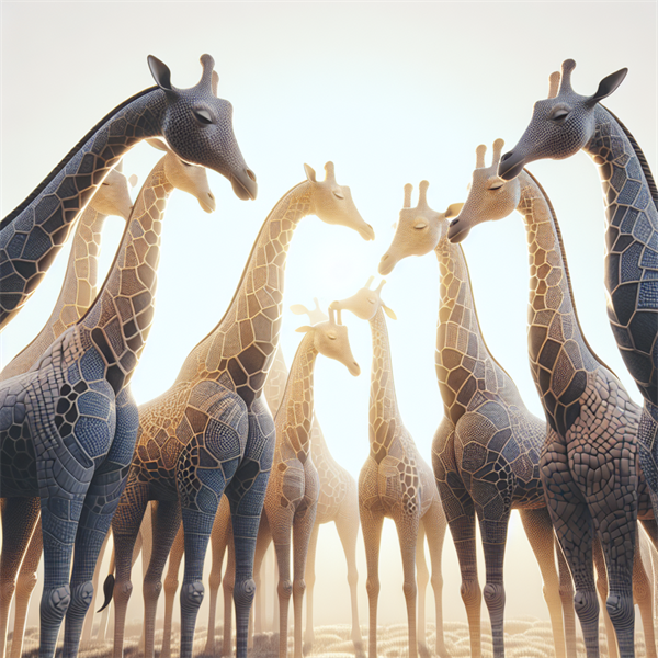A group of giraffes peacefully standing together, looking friendly.