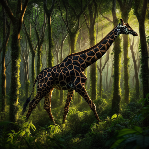 A giraffe camouflaged among trees and bushes, blending in with its spots.