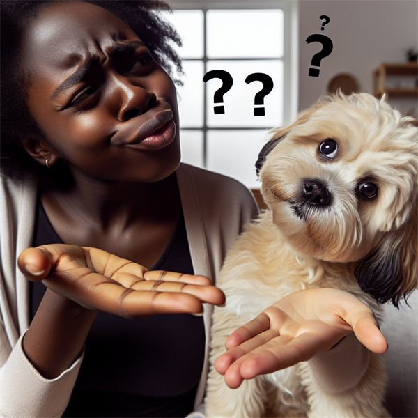 A dog tilting its head while a person says different words and makes hand gestures