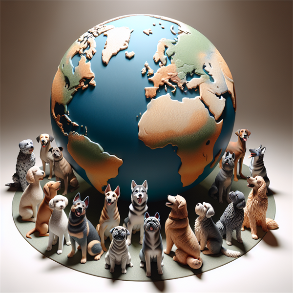 A globe with various dog breeds standing around it