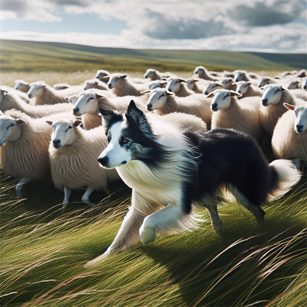 A Border Collie herding sheep in a field