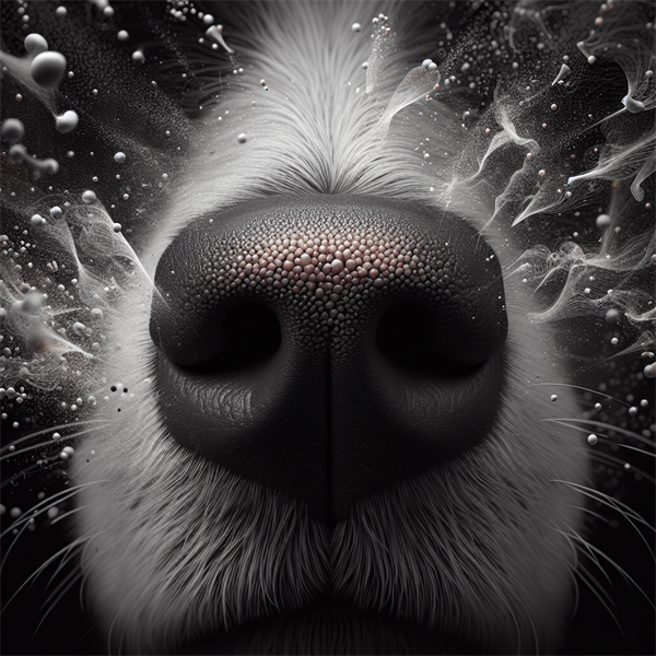 A close-up of a dog's nose with tiny particles floating around it, illustrating the sense of smell