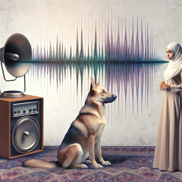 An illustration showing a sound wave with different frequencies and a dog and human next to it