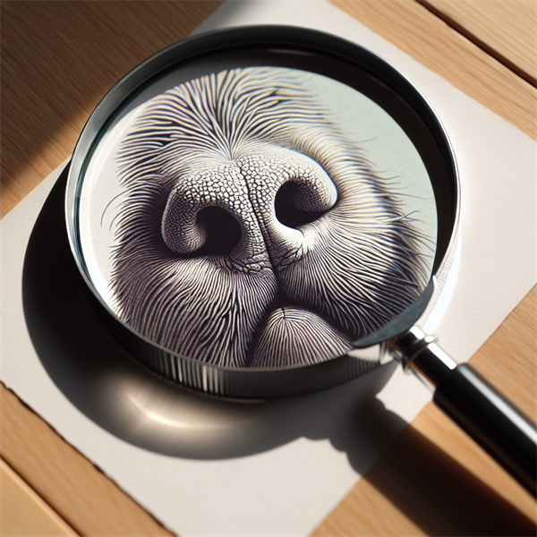 A magnifying glass showing the detailed pattern of a dog's nose print