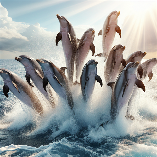A group of dolphins playing together, making splashes and jumping