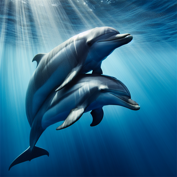 A dolphin supporting another dolphin that appears weak or injured