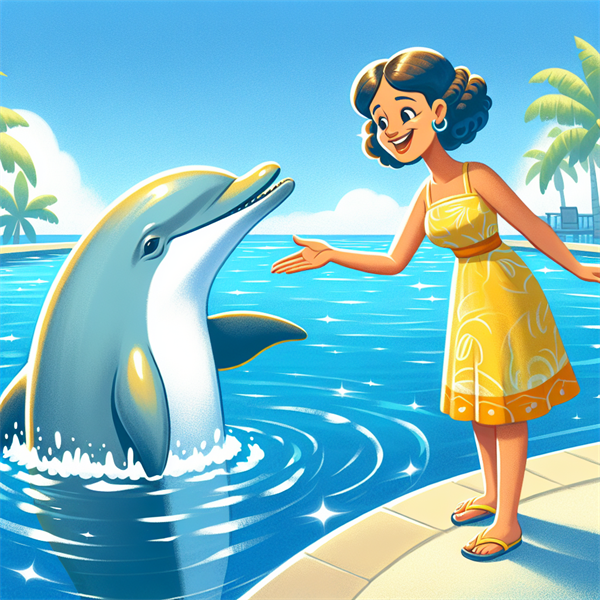 A dolphin and a human shaking hands at the edge of a pool