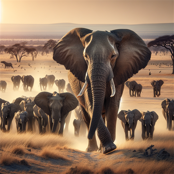 A female elephant leading the herd, walking at the front