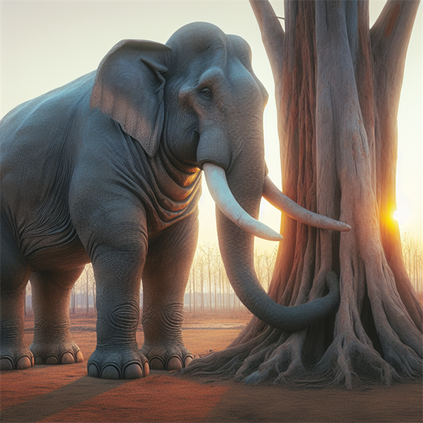 An elephant standing next to a tree, showing its massive size