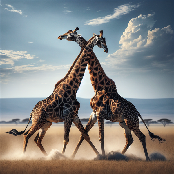 Two male giraffes engaging in a necking battle.