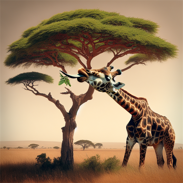 A giraffe stretching its neck to eat leaves from a tall acacia tree.