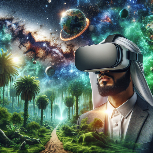 A person wearing a VR headset, surrounded by virtual scenes like a jungle, space, and the ocean.