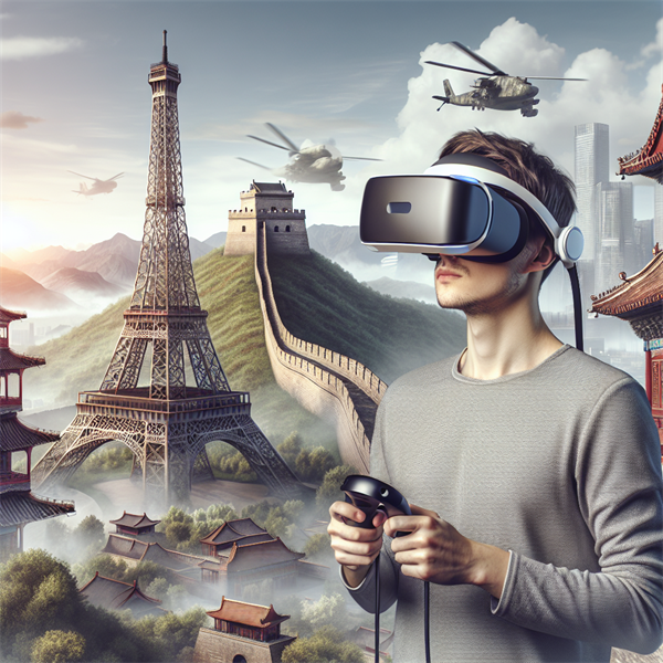 A VR user 'standing' in front of famous landmarks like the Eiffel Tower and the Great Wall of China.