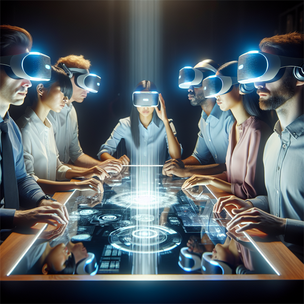 People wearing VR headsets, sitting at a virtual conference table.