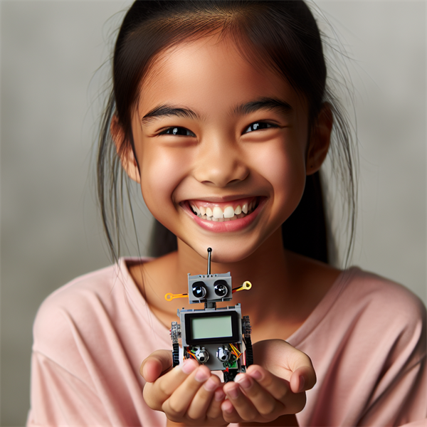 A child holding a small robot they built, with a big smile.