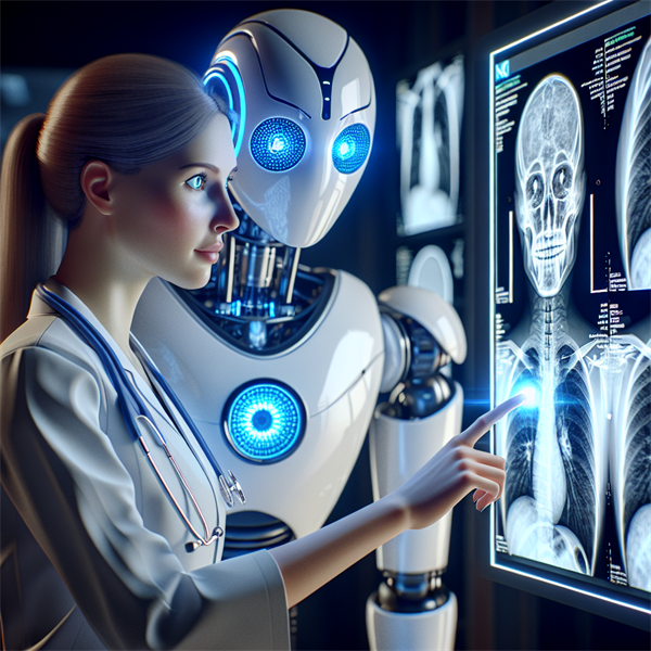 A robot doctor looking at an X-ray image with a human doctor.