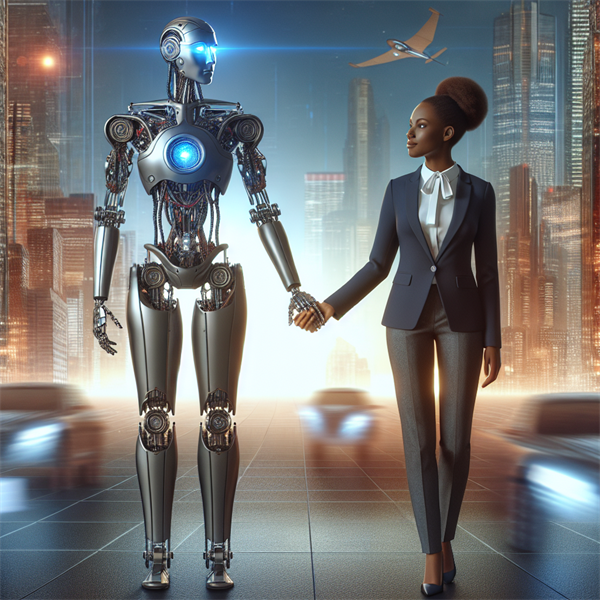 A robot holding hands with a human, showing teamwork.