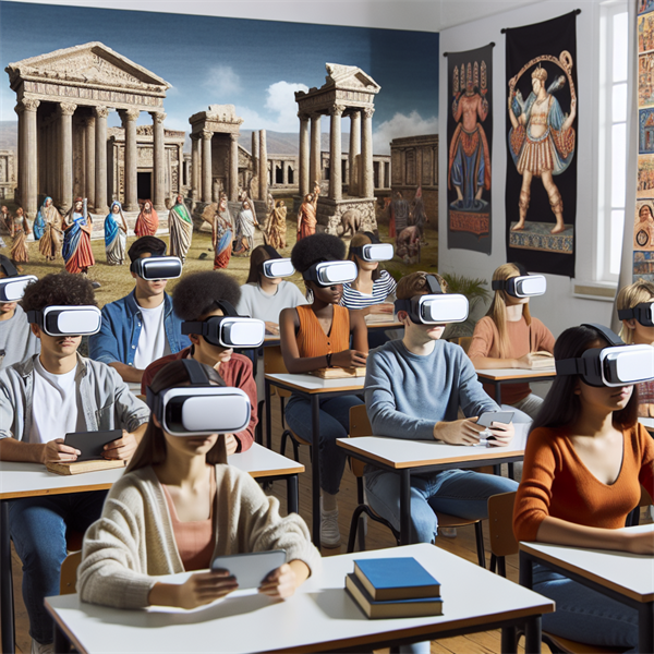 Students in a classroom wearing VR headsets, exploring a virtual ancient civilization.