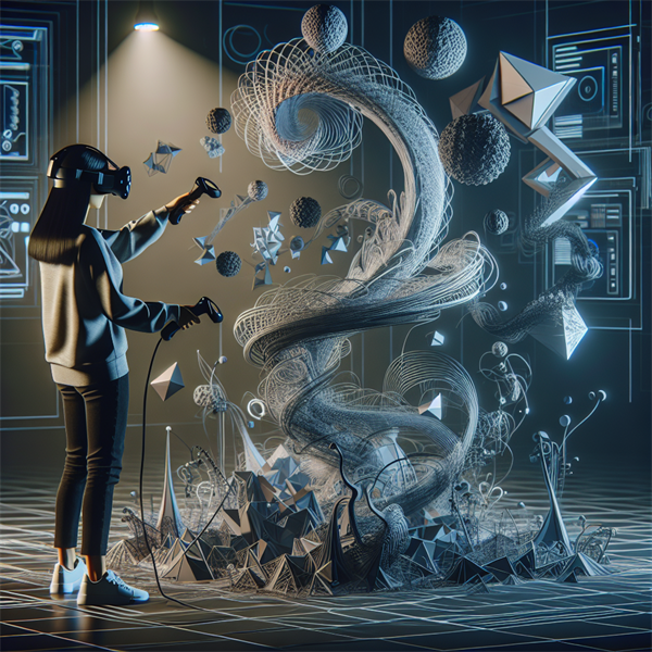 A virtual 3D sculpture being created with VR tools.