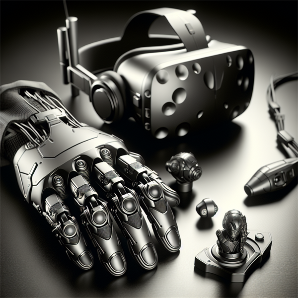 A close-up of VR gloves and a headset.