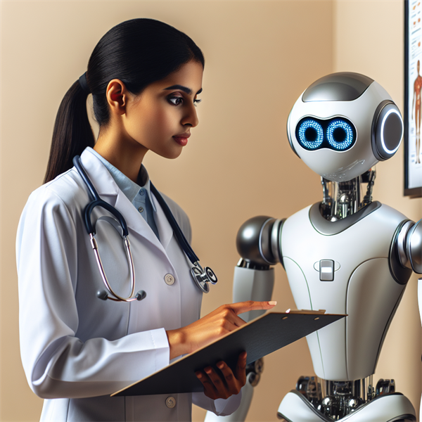 A robot pointing to a medical chart with a doctor