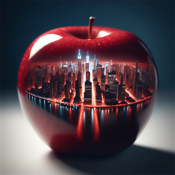 A large, shiny red apple with a cityscape reflected on its surface.