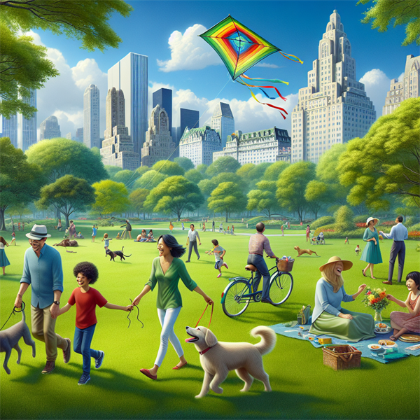 A green, lush drawing of Central Park with people walking and playing.