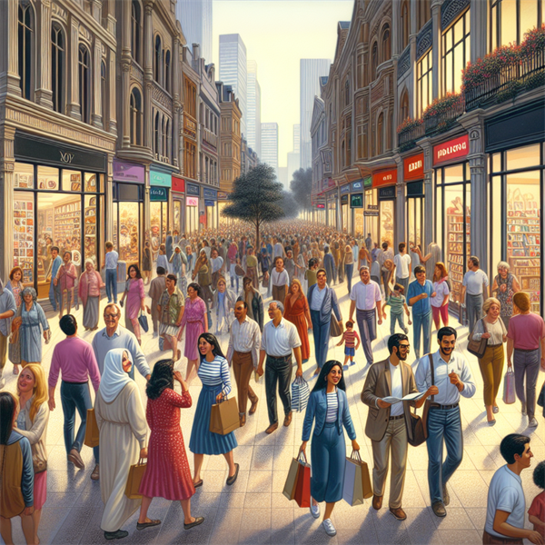 A crowded street filled with people walking and shopping