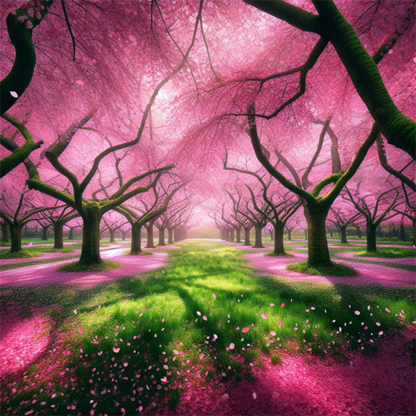 Cherry blossom trees with pink flowers in a park