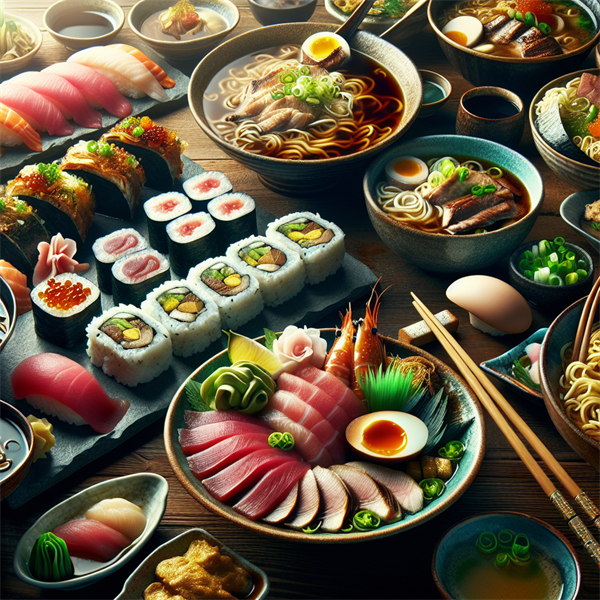 A table filled with sushi, ramen, and other Japanese dishes