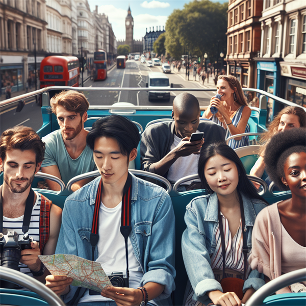 People sitting on the top deck of a double-decker bus, looking at the city.