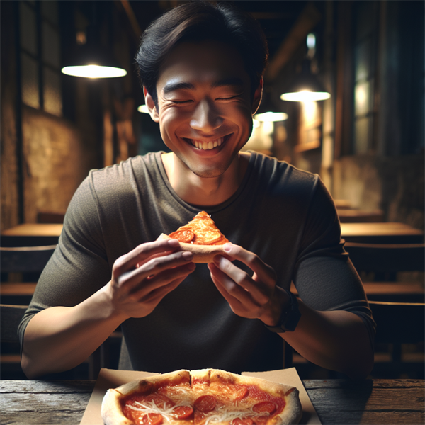 A person enjoying a slice of New York pizza with a big smile