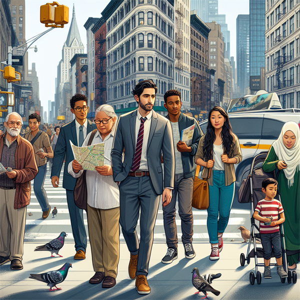 A diverse group of people walking on a busy New York street