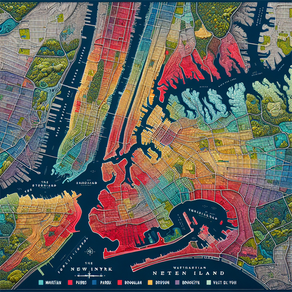 A map of New York City highlighting the five boroughs in different colors