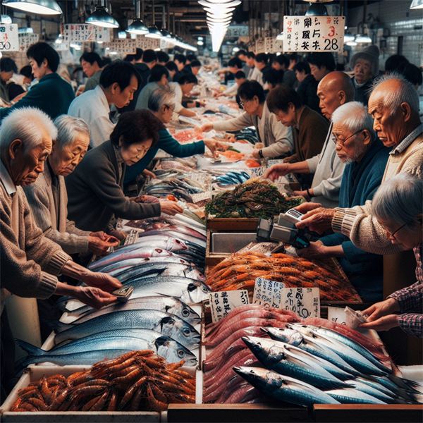 A bustling Tsukiji Fish Market with vendors selling various types of fish