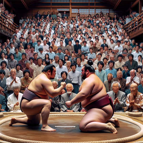 Sumo wrestlers in the ring at Ryogoku Kokugikan, with an audience cheering them on